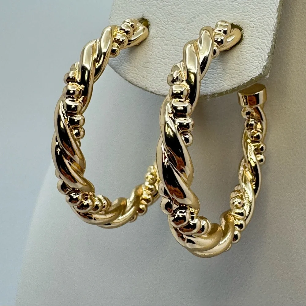 Gold Tone Twisted Hoop Earrings Textured Chunky Statement Hoops Modern